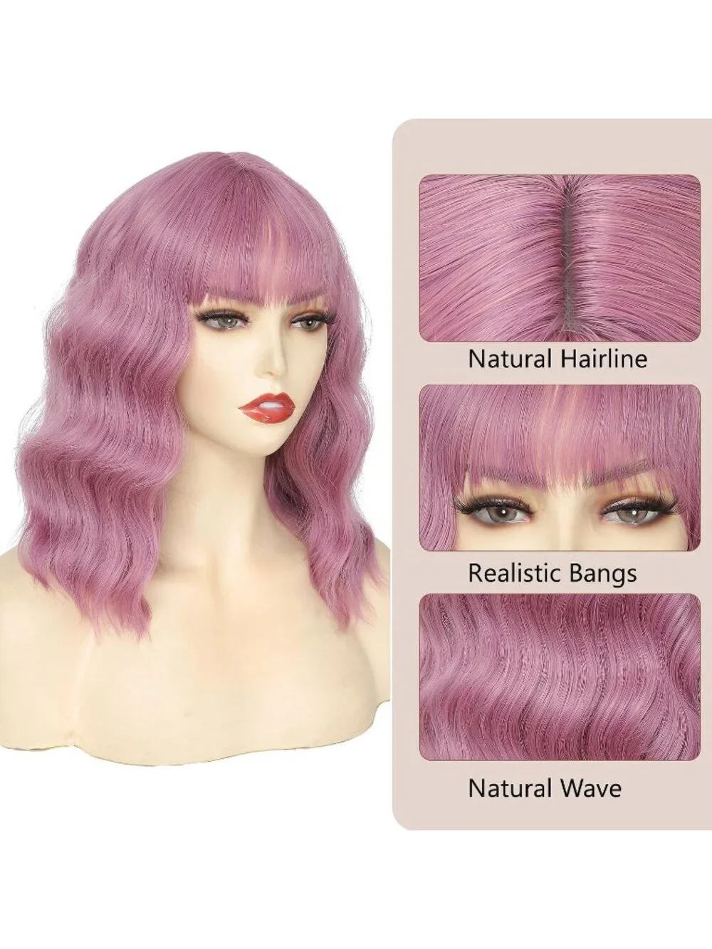 Women's Purple Pink 14 Inch Heat Resistant Short Wavy Hair Pastel Bob Wig Bangs
